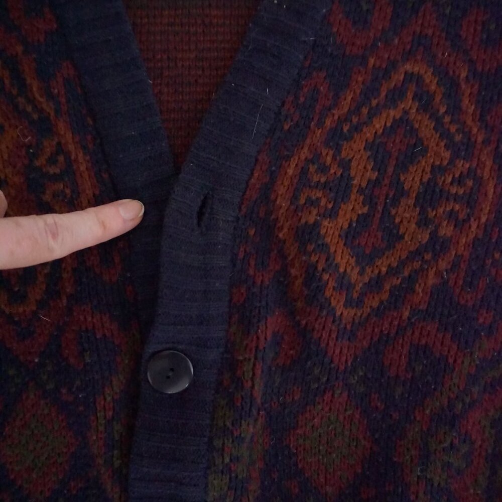 Vintage Melange Navy Burgundy Geometric Knit Button Front Cardigan Sweater L - Picture 6 of 11